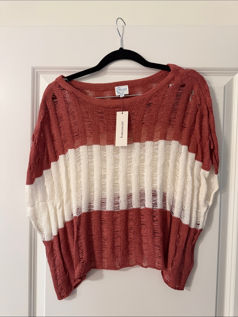 Francesca's Collections Rust and Cream Striped Short Sleeve Knit Top